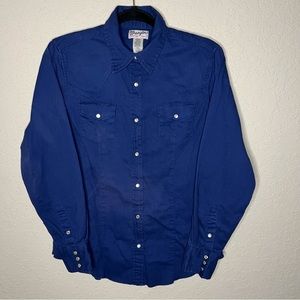 WRANGLER Deep Blue Wrancher Vtg Pearl Snap Button Up-Womens Petite Small